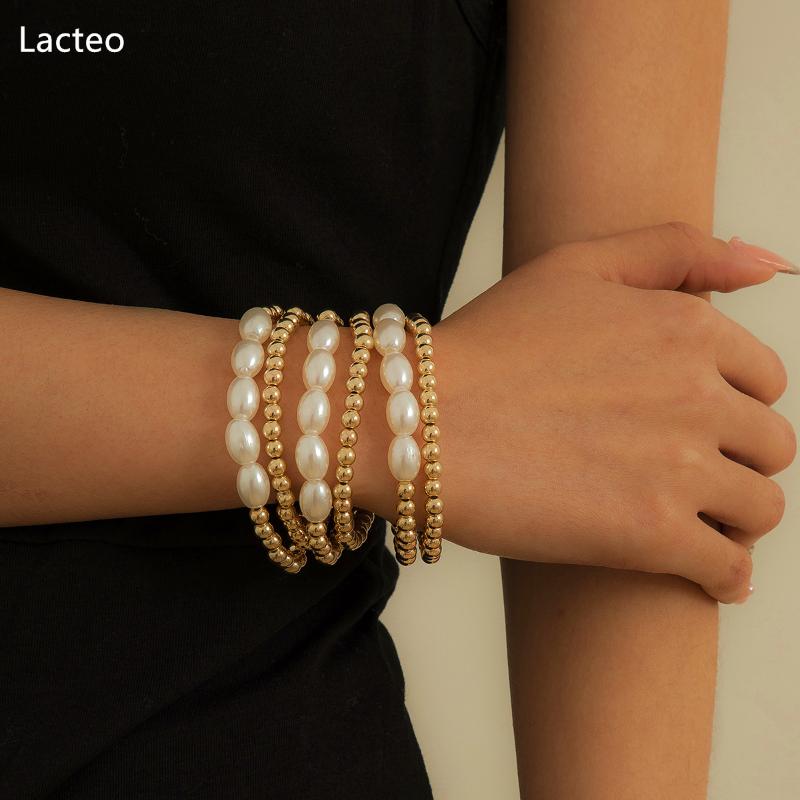 

Link, Chain Lacteo 6Pcs/Set Bohemian Oval Shape Imitation Pearl Bracelet Bangles For Women Fashion Trendy CCB Beads Jewelry, Black