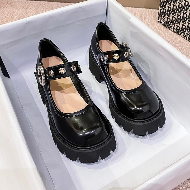

Dress Shoes Pumps Stylish Genuine Leather Mary Janes Mid String Bead Dressing Pearl Spring Autumn Round Toe, Black