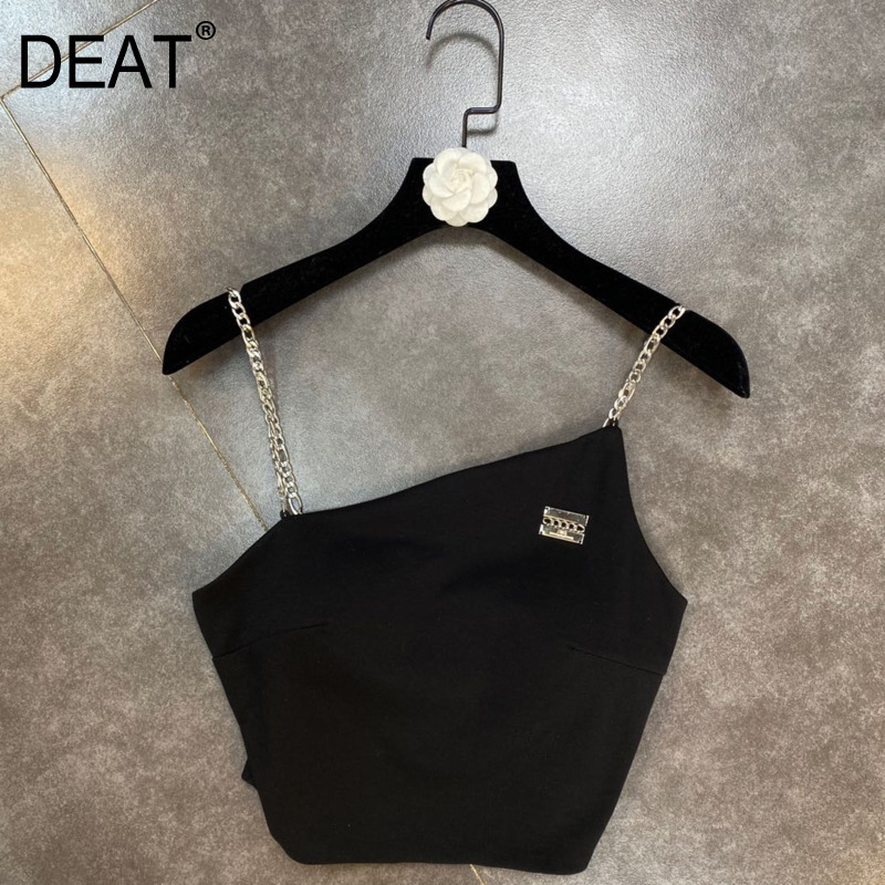 

Spring Summer Fashion Casual Metal Chain Shoulder Sleeveless Belt Slant Vest Top Women SK182 210525, White