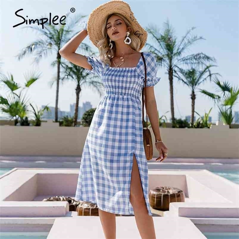 

Blue square collar plaid women dress Summer A-line high waist puff sleeve Elegant Mid-length short-sleeved 210701, Black