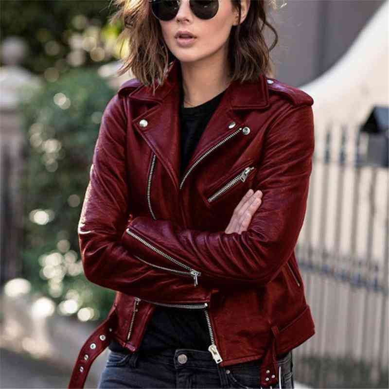 

Punk Women Cool Faux Leather Jacket Long Sleeve Zipper Fitted Coat Fall Short Solid Lapel Female Moto Biker 2021, Blue