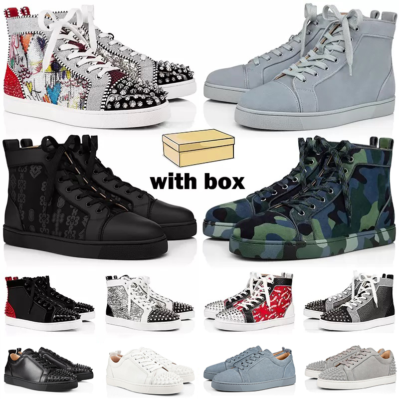 

2022 red bottoms sneakers men women designer casual shoes high low top Black White Camo Green Glitter Grey pink leather suede mens fashion spikes trainers, 24