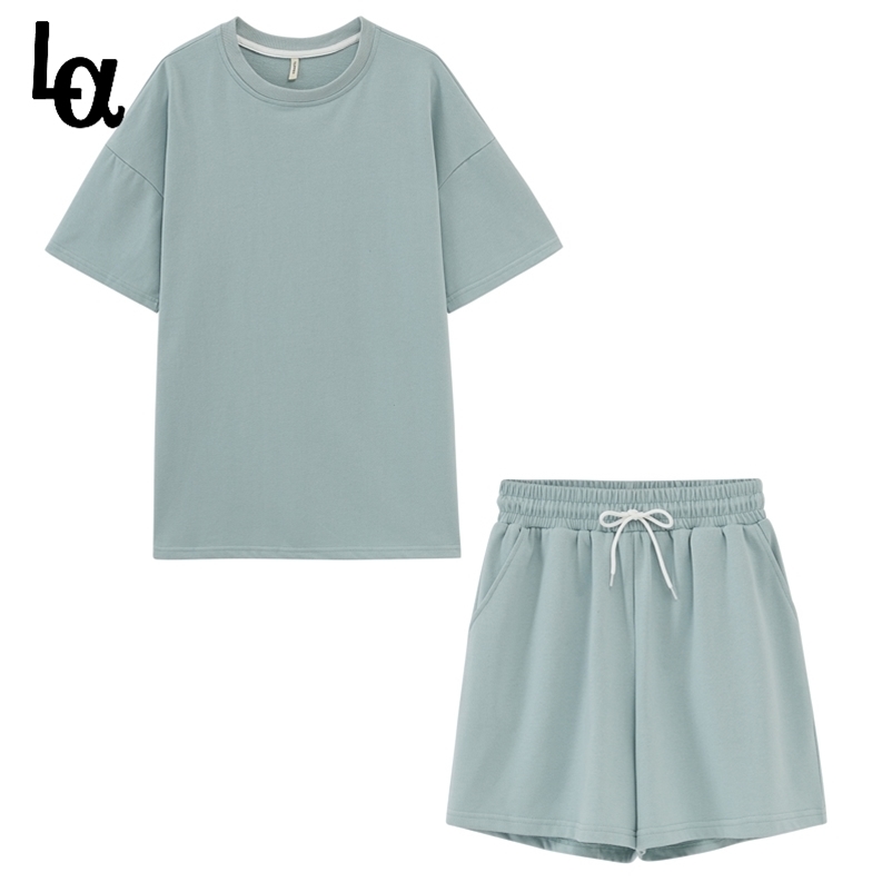 

Summer Tracksuits Women Two Pieces Set Leisure Outfits Cotton Oversized T-shirts High Waist Shorts Candy Color Clothing 210519, Pink