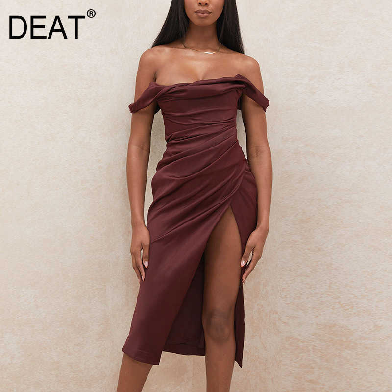 

DEAT Women Split Pleated Backless Dress Slash Neck Sleeveless Arrivals Lady Sexy Fashion Spring Summer 11D645 210709, Wine