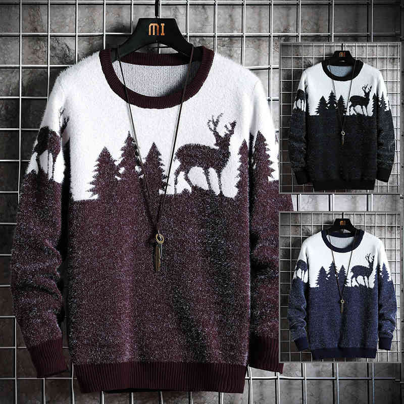 

men's animal knitted christmas tree casual sweater, deer, retro, tight fitting, coat, autumn and winter, White;black