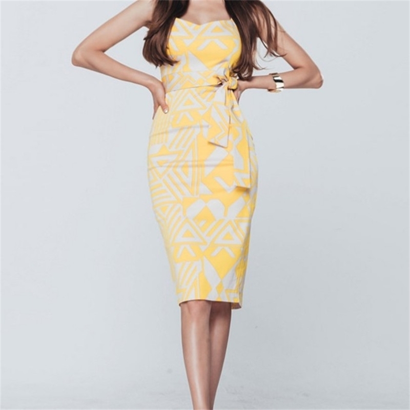 

HIGH QUALITY Summer Flower Print Vintage Cloth Sleeveless V-Neck Vest Bodycon Pencil Knee-Length Sexy Party Dress 210603, Picture color