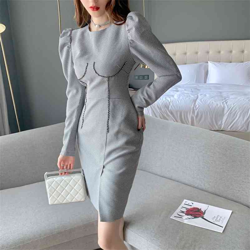 

Retro style high waist plaid French temperament long sleeve slim houndstooth dress 210603, Clear