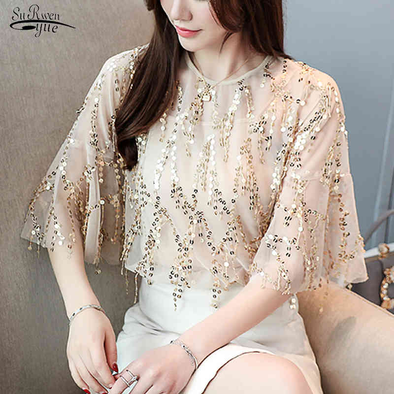 

Summer Sequin Tassel Flare Sleeve Chiffon Shirt Two-piece Super Fairy Elegant Gentle Apricot Short Blouse 14109 210521