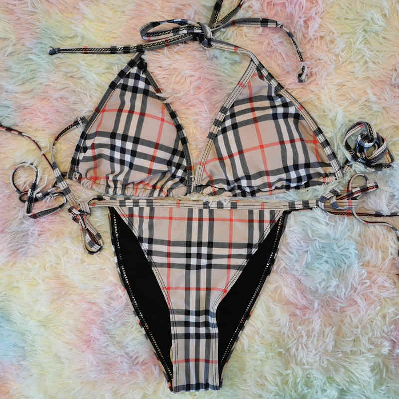 

Swimwear Trendy Plaid printed bikini women's tie triangle holiday net red swimsuit, White;black