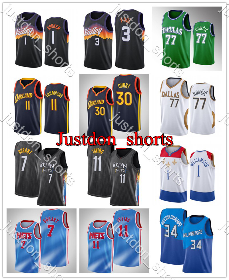 

Youth Child Irving 11 Durant 7 Doncic 77 Antetokounmpo 34 Booker 1 Paul 13 Curry 30 Thompson 11 City Black Edition Basketball Jerseys Shirts, Black;red