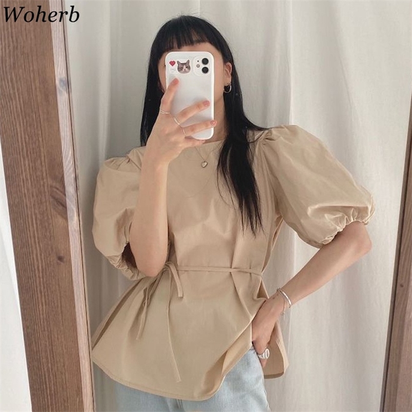 

Blouse Women Chic Puff Sleeve O Neck Sweet Shirts Elegant Lace-up Slim Waist Loose Blusas Korean Temperament White Tops 210519