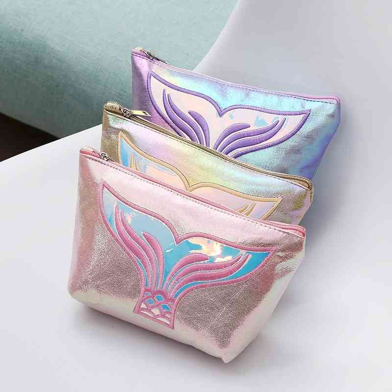 

New cartoon women Pu hand holding storage ins fishtail travel waterproof cosmetic wash bag, Blue