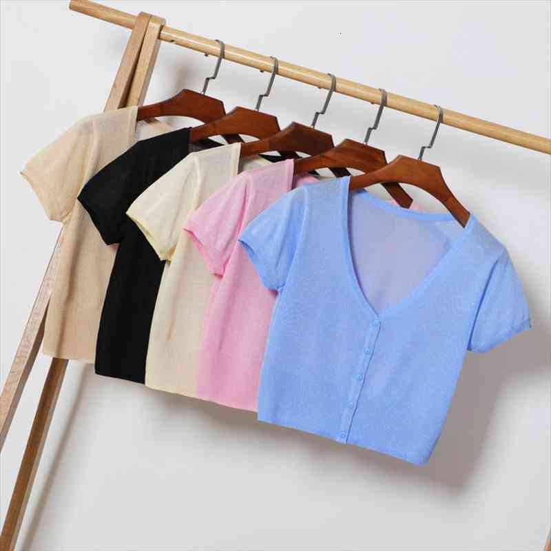 

10 Colors Women Knitted Cardigan Coat Summer V Neck Short Sleeve Solid Casual Thin Short Cardigan Female Tops Black Blue, White;black