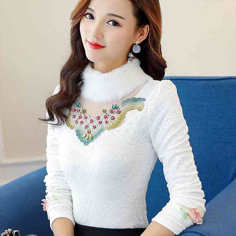 

autumn winter women embroidered plus velvet thick lace bottomed shirt female rabbit fur collar hollow diamond, White