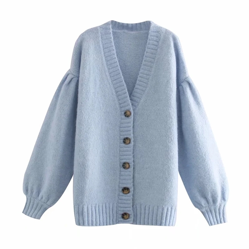 

Blue Oversized Knitted Cardigan Sweater Women Autumn Winter Fashion Ribbed V Neck Long Puff Sleeve Cute Cardigans Tops 210519