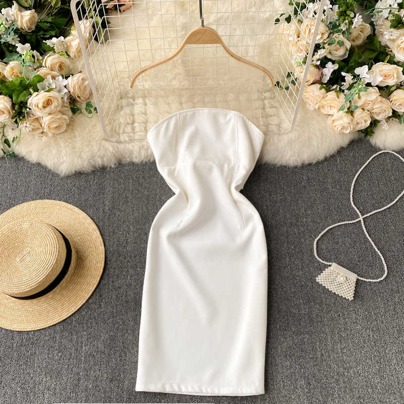 

DEAT Women Mesh Stitching Open Back Strapless Dress Solid Color High Waist Sexy Slim Bow Fashion Spring Summer 11B566 210709, White