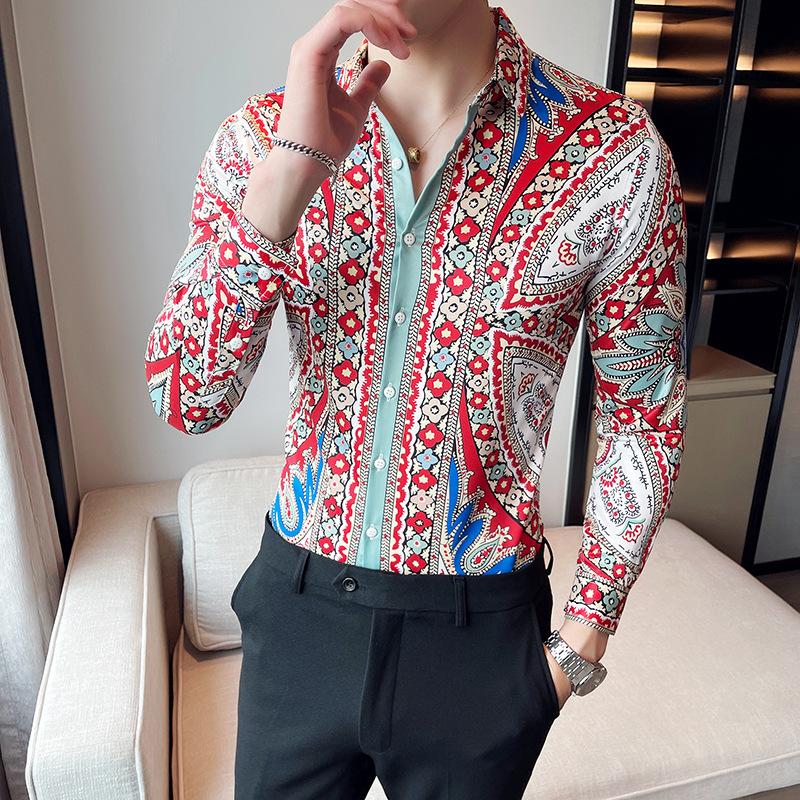 Men's Casual Shirts Floral Shirt Men Long Sleeve Slim Business Vintage Streetwear Tops Social Party Tuxedo Clothing-image-747343597