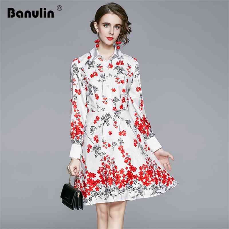 

Banulin Fashion Runway Spring Autumn Short Dress Women Vintage Flower Print Long Sleeve Ladies Elegant Party Mini 210603, Milky white