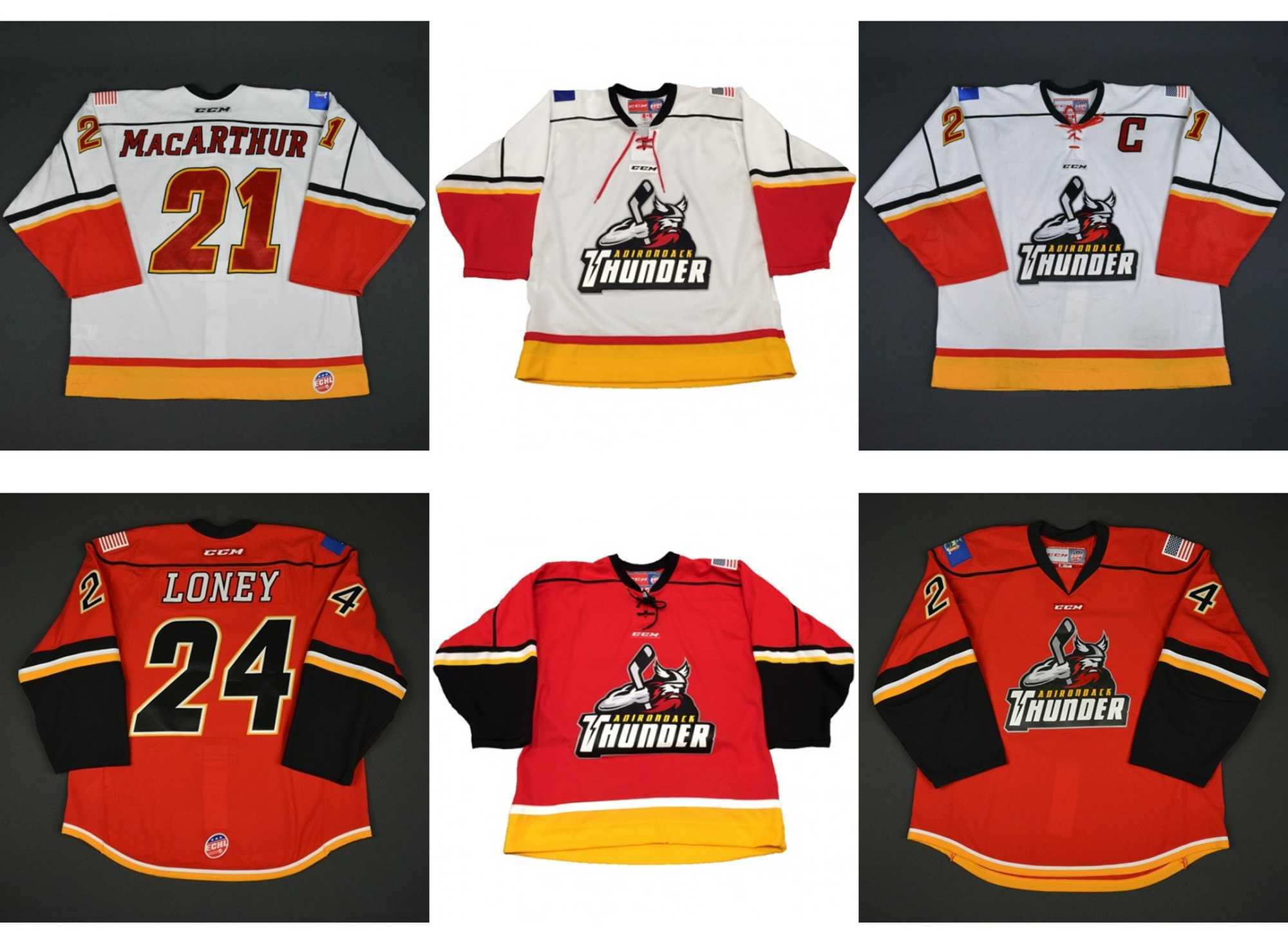 

New ECHL Adirondack Thunder 21 MacArthur 24 Ty Loney Mens Womens Kids 100% Embroidery Custom Best quality Cheap Hockey Jerseys, White