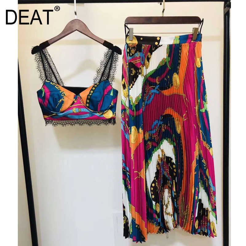

[DEAT] Women Printed Vintage Fashion Temperament Styles Two Pieces Set Vacation Clothing Lace Patchwork Bra Pleated Skirt WR993 210709