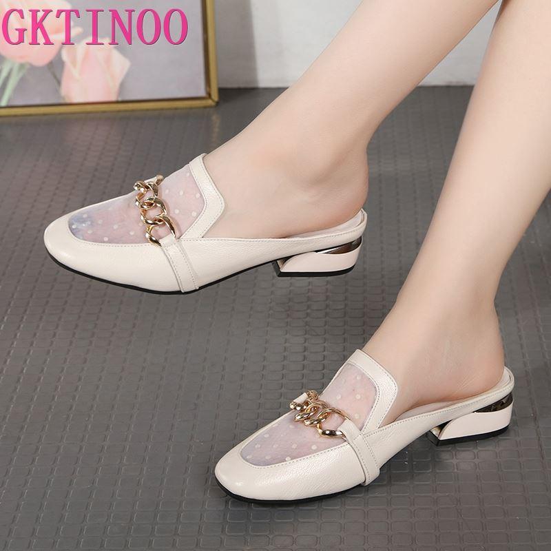 

Slippers GKTINOO Brand Design Chain Women Slipper Closed Toe Slip On Mules Shoes Genuine Leather Low Heels Casual Slides Flip Flop, 272