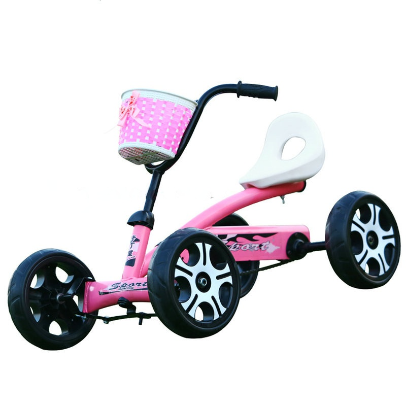 

4 Wheeled Go Kart For Younger Children, Kids Pedal Go-Karts with EVA Wheels, Adjustable Seat, Front Basket, White