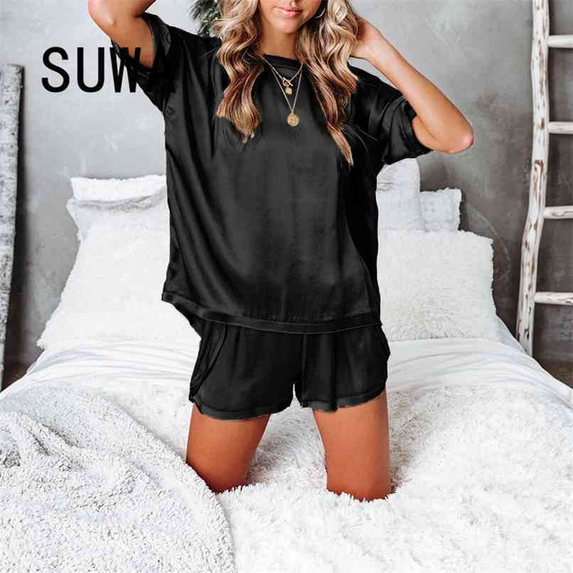 

Workout Clothing Elastic Waist Fashion Summer Outfits for Women Round Neck Short Sleeve Home Service Two-piece Suit Nightwear 210525, Black