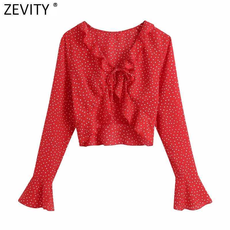 

Zevity Women Cascading Ruffles V Neck Dots Print Short Smock Blouse Lady Butterfly Sleeve Shirt Chic Bow Blusas Tops LS7689 210603, As pic ls7689bb