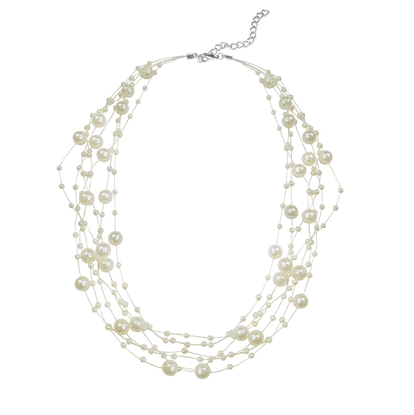 

Elegant Multi-Layer Fish Line Pearl Necklace Womens Japanese Korean Simple Choker Collar and Neck Ornament Short, Silver