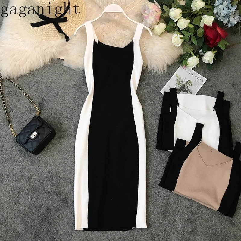 

Gaganight Women Knitted Summer Dress Spaghetti Strap Sleeveless Slim Party Dress Office Ladies Elastic Chic Korean Dresses Retro 210519, White