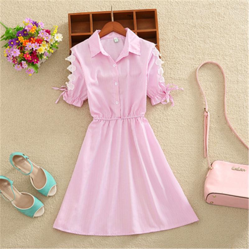 

Casual Dresses Office Lady Shirt Dress Women Cotton Striped Short Sleeve Summer Fashion Turn-down Collar Plus Size Vestidos Female, Black;gray