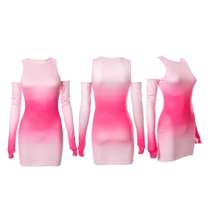 

Casual Dresses Women Girls Autumn Pink Cold-shoulder Dress Adults Gradient Print Tie Dye Round Neck Long Sleeve /M/L