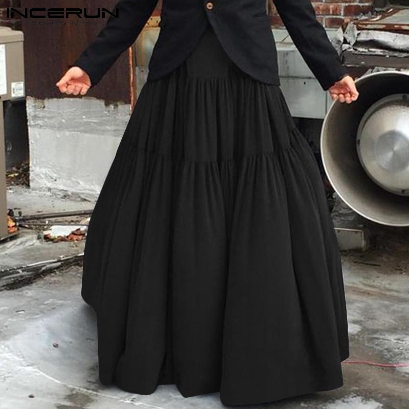 

Men's Pants Handsome All-match Men Fashion Casual Trousers INCERUN Male Solid Party Shows Pleated Large Hem Long Pettiskirts S-5XL, Black