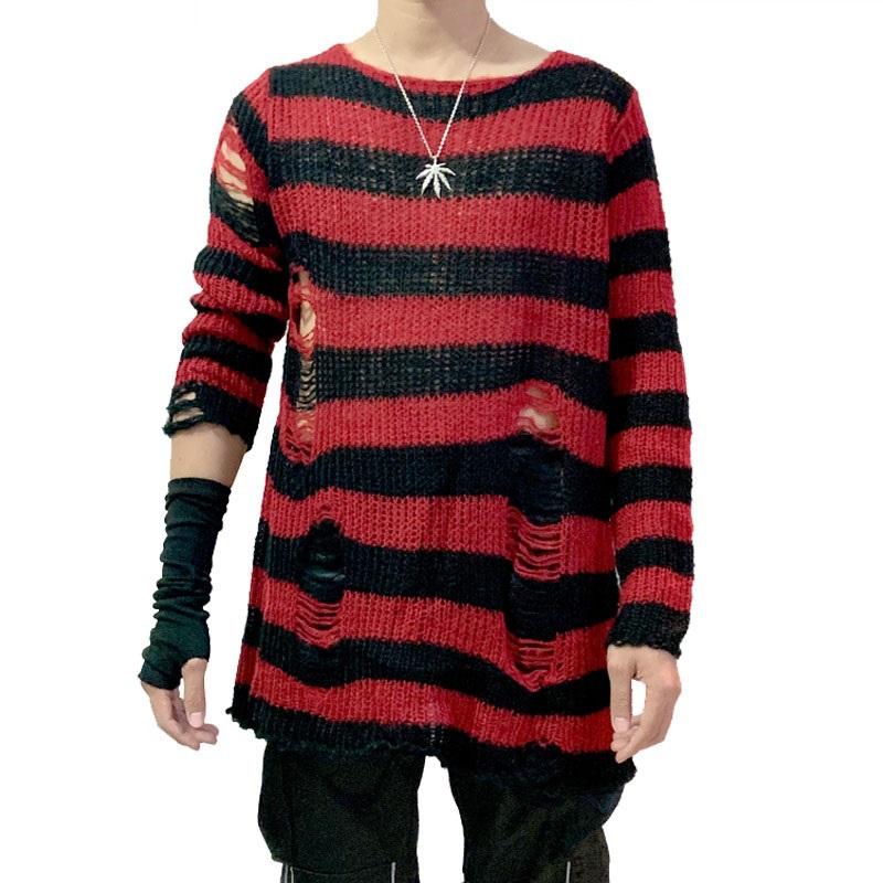 

Men's Sweaters Punk Gothic Cool Male Striped Long Sweater Man Stretch Thin Pullover Broken Hollow Out Slit Spring KnitTop Jumpers 2021, Black and green