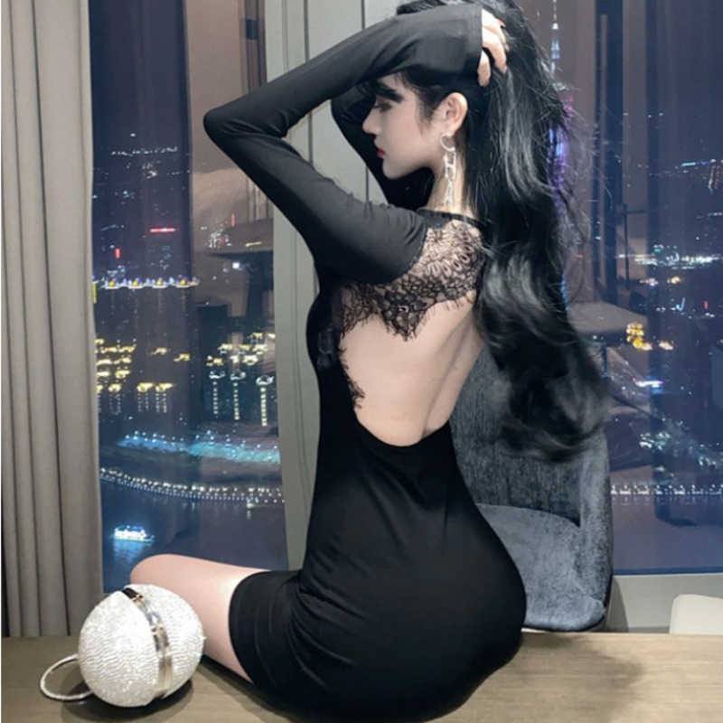 

Trend Elegant Lady Sexy Women's Spring Summer Tops Korean Slim Long Sleeve Backless Lace Mini Party Dress Dresse AU6 210603, Black