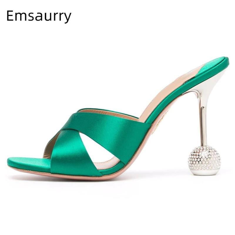 

Sandals Luxury Satin Cross Band Slingbacks Mules For Girls Jeweled Crystal Spherical High Heel Rhinestone Women Summer, Black