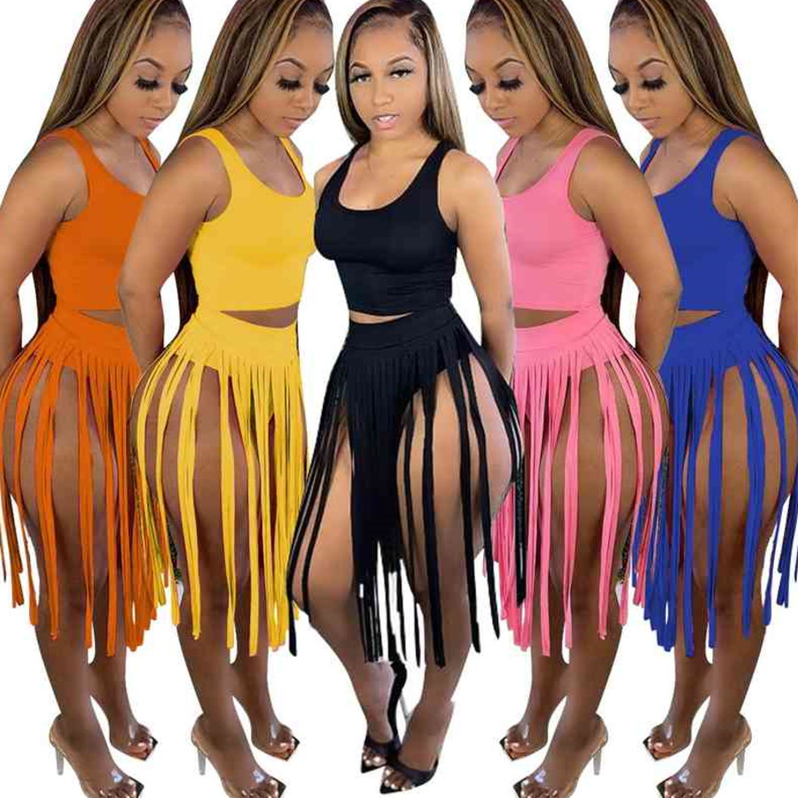 

Summer Women Two Pieces Sets Fashion Tracksuits Solid Color dresses Tassel Vest Short Skirt Suit Designers Clothes, Black