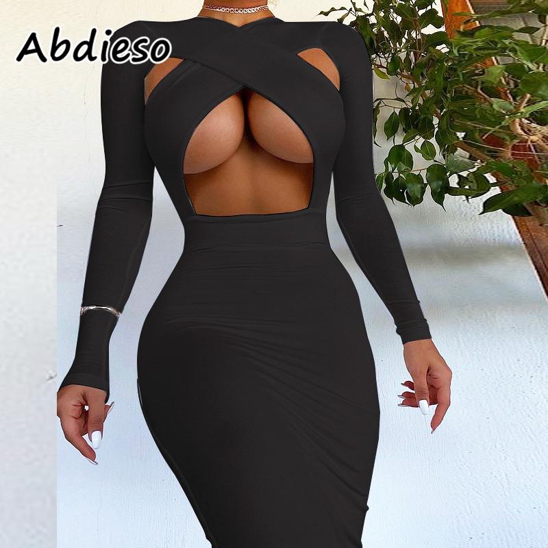 

Casual Dresses Abdieso Black Cut Out Long Sleeve Bodycon Dress Sexy For Women White 2021 Autumn Winter Maxi Party Club Robe Femme
