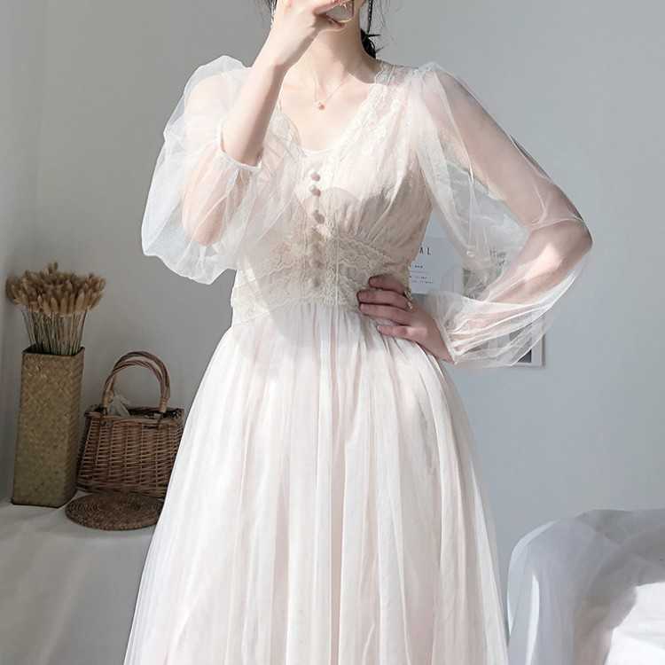 

Spring Elegant Lace V-Neck Long Puff Sleeve Dress Vintage High Waist Mesh Sweet Boho Robe 210526, White