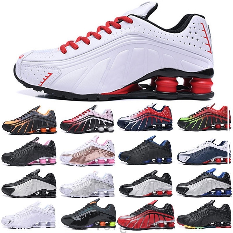 

Air Shox R4 Shoes Casual TL Mens OG Sports Womens Sneakers 301 Black Metallic Vibrant Tones Orangr Silver Trainers BTRR