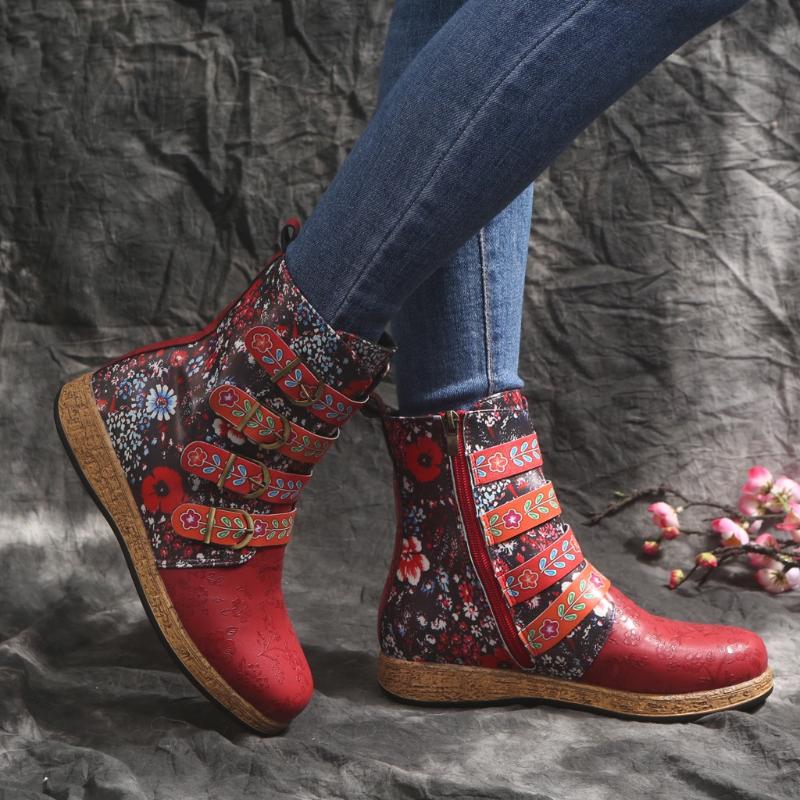 

Boots Women's Retro Ladies Bohemian Style Ankle Buckle Short Booties Casual Shoes Female Winter Botas Mujer Invierno 2021#2, Red