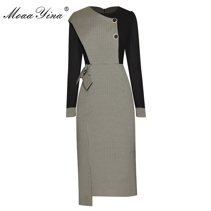 

Fashion Designer dress Spring Women's Dress Long sleeve Plaid lace-up Package buttocks Slim Dresses 210524, Khaki