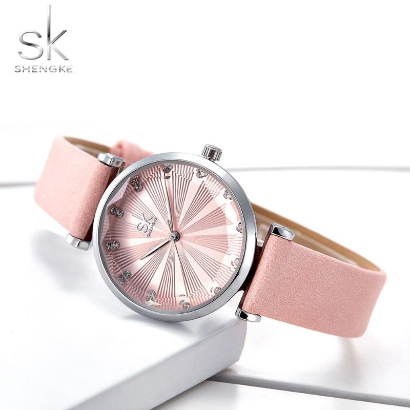 

Wristwatches Shengke SK Women's Watches Luxury Ladies Watch Leather For Women Fashion Bayan Kol Saati Diamond 2021, Blue
