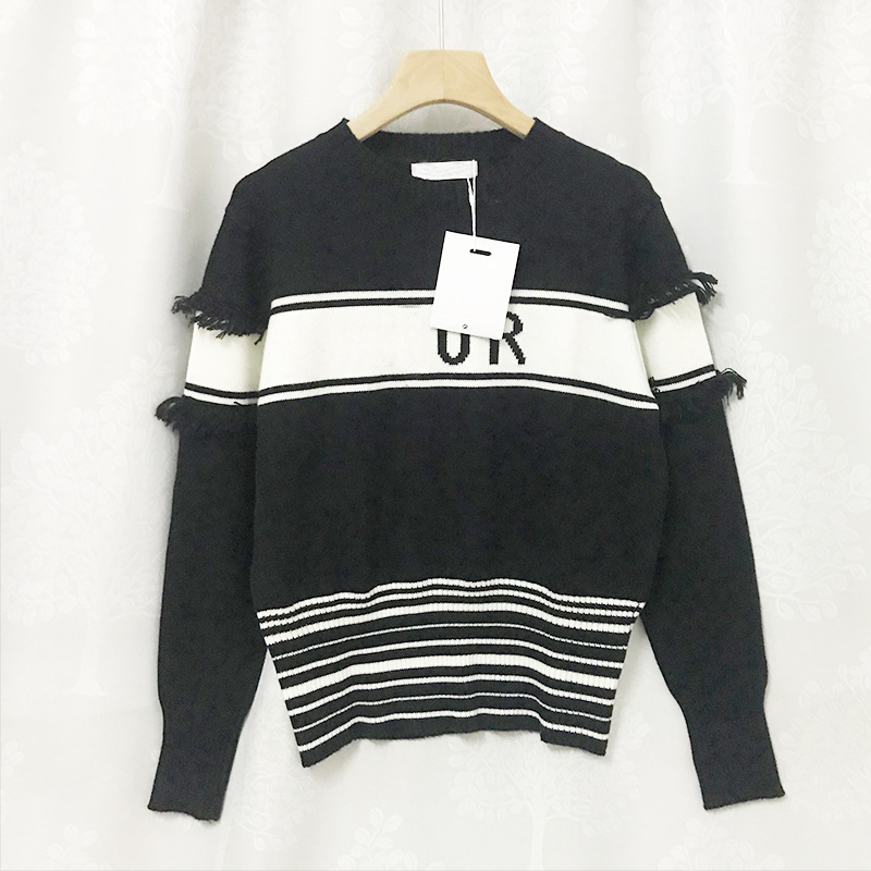 Édition haute Laine 21 Automne et hiver Nouvelle série Stripe Color Letter Col à col rond Pull à manches longues