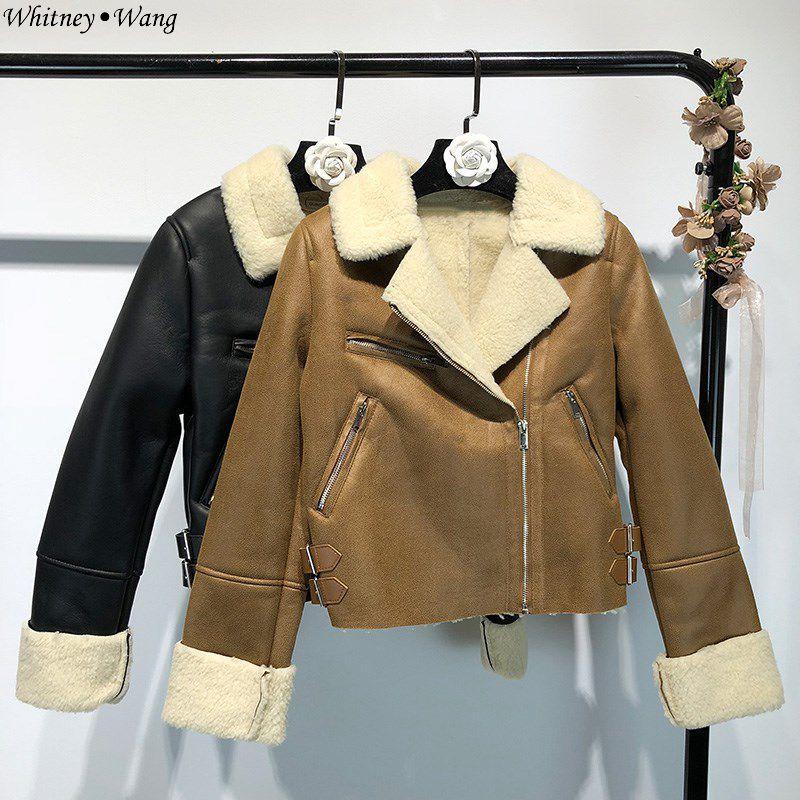 

Women' Leather & Faux WHITNEY WANG 2021 Autumn Winter Fashion Streetwear Fleece Liner Suede Jacket Women PU Coat Outerwear, Black