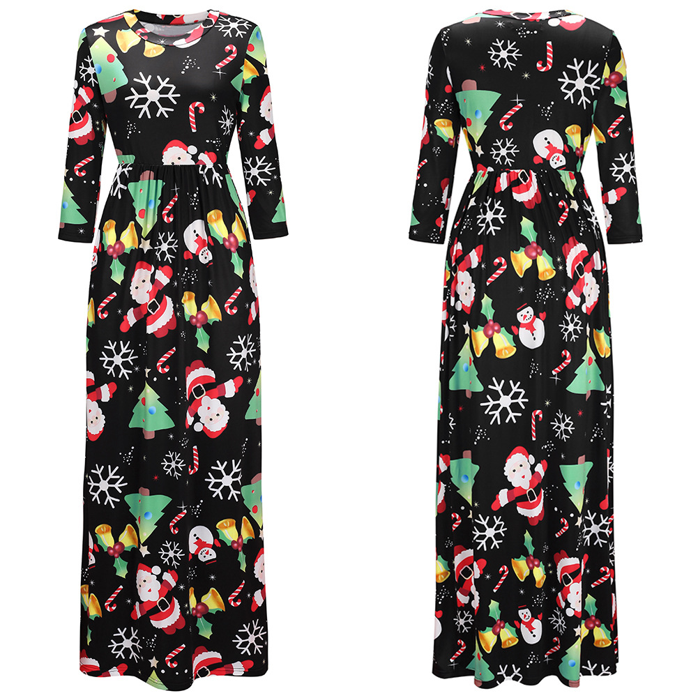 

Christmas print plus size women's long dress ladies comfortable and loose party holiday show long sleeves, Black;gray