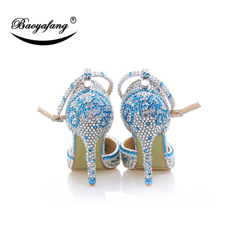 

Dress Shoes BaoYaFang Arrival Pointed Toe Women Wedding Bride Ankle Strap Buckle Woman Crystal Party Sea Blue, Black