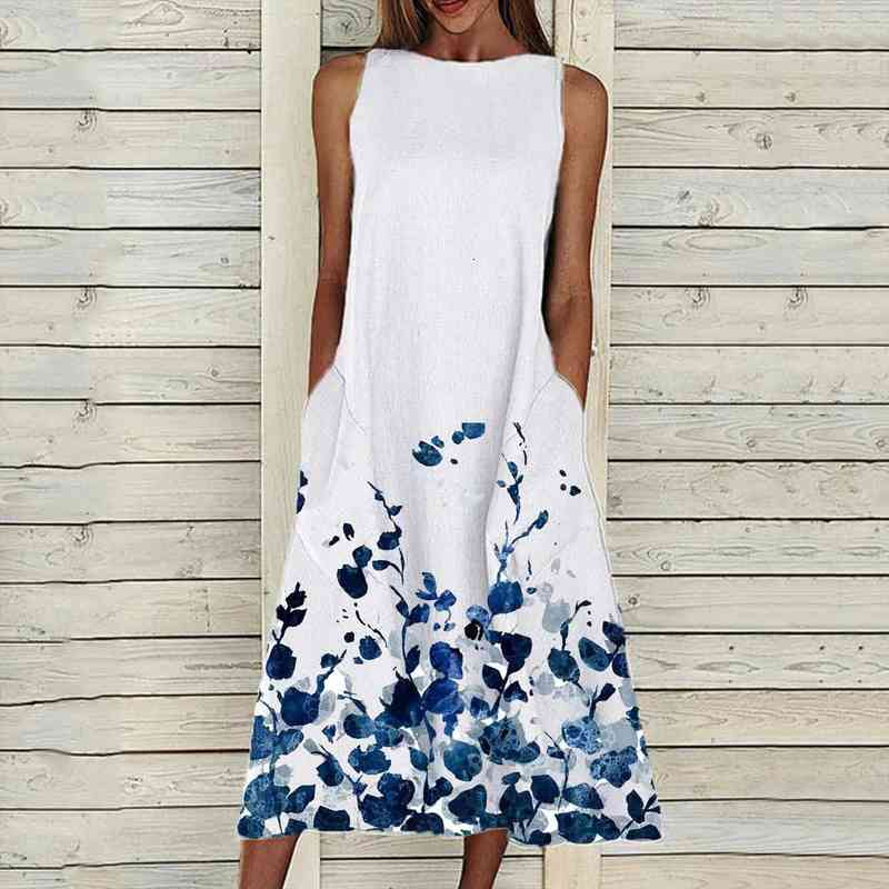 

Summer Women Loose Casual Floral Dress Plus Size Sleeveless 0 Neck Elegant Dresses For Women Clothing Vestidos De Verano, Black;gray