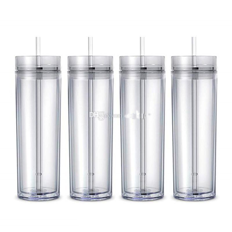 

16oz Acrylic Straight Cup Tall Skinny Tumbler 480ML Double Wall clear Water Cups with Lid and Straw kettle