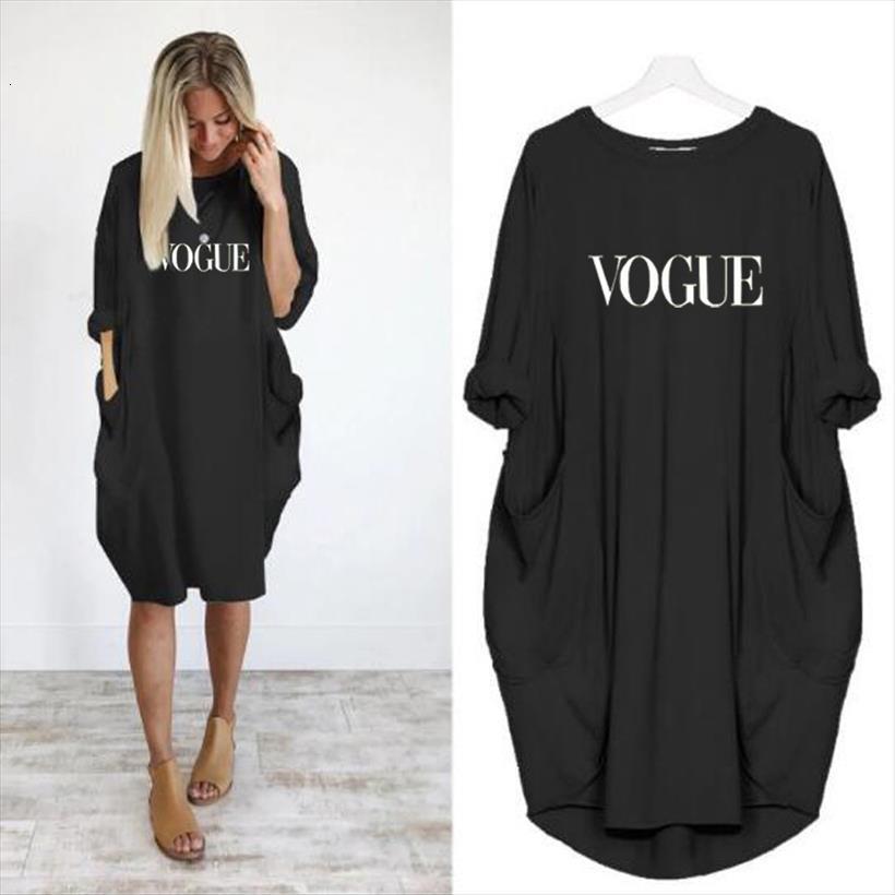 

fashion t shirt pocket vogue womens dress letters print long sleeve punk mothers day large size 5xl dresses, Black;gray